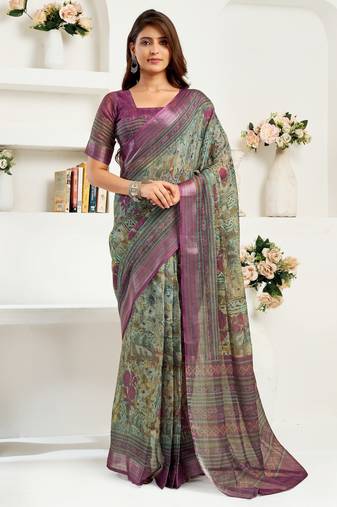 sea green lilen print 1 minute ready to wear saree with unstitched blouse piece