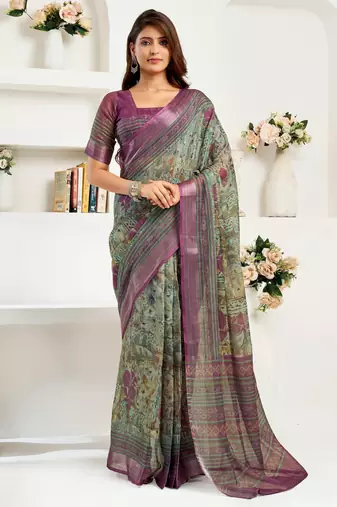 sea green lilen print work designer party wear festive 1 minute ready to wear saree with unstitched blouse piece