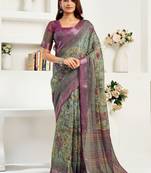 sea green lilen print 1 minute ready to wear saree with unstitched blouse piece