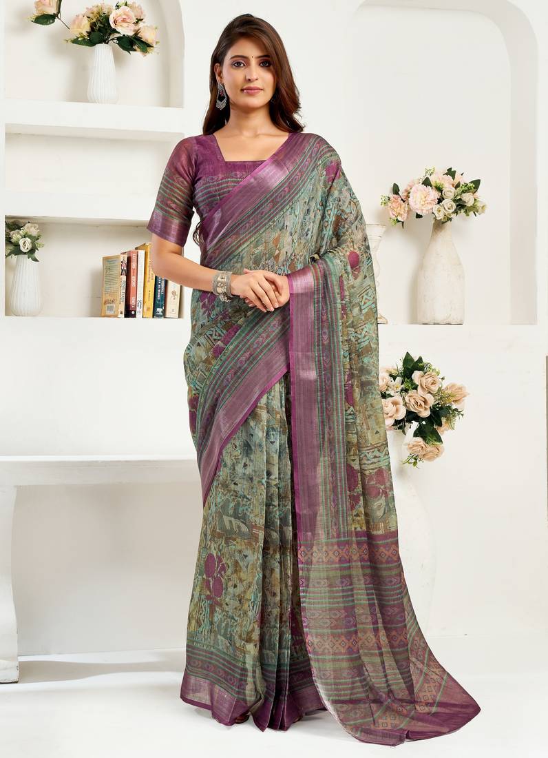 sea green lilen print work designer party wear festive 1 minute ready to wear saree with unstitched blouse piece