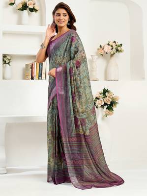 sea green lilen print 1 minute ready to wear saree with unstitched blouse piece 3