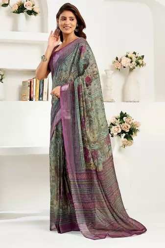 sea green lilen print 1 minute ready to wear saree with unstitched blouse piece