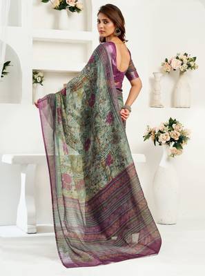 sea green lilen print 1 minute ready to wear saree with unstitched blouse piece 4