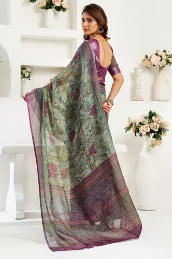 sea green lilen print 1 minute ready to wear saree with unstitched blouse piece