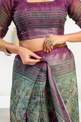 sea green lilen print 1 minute ready to wear saree with unstitched blouse piece 5