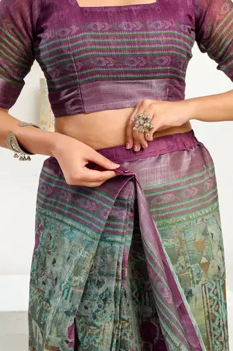 sea green lilen print 1 minute ready to wear saree with unstitched blouse piece