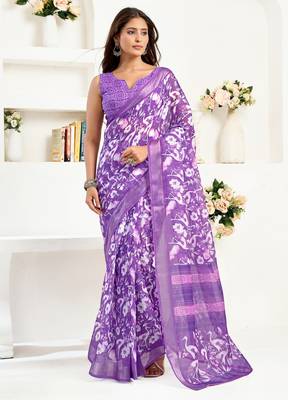 purple lilen print 1 minute ready to wear saree with unstitched blouse piece 1