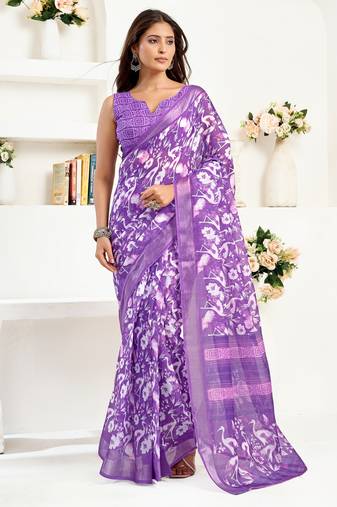 purple lilen print 1 minute ready to wear saree with unstitched blouse piece