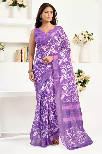 purple lilen print work designer party wear festive 1 minute ready to wear saree with unstitched blouse piece