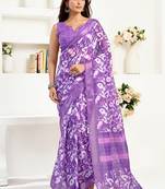 purple lilen print 1 minute ready to wear saree with unstitched blouse piece