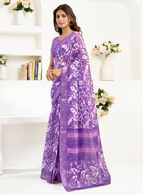 purple lilen print 1 minute ready to wear saree with unstitched blouse piece 2