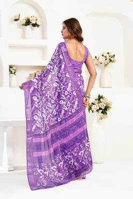 purple lilen print 1 minute ready to wear saree with unstitched blouse piece 4