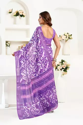 purple lilen print 1 minute ready to wear saree with unstitched blouse piece