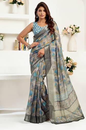 grey lilen print 1 minute ready to wear saree with unstitched blouse piece