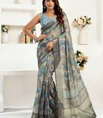 grey lilen print 1 minute ready to wear saree with unstitched blouse piece