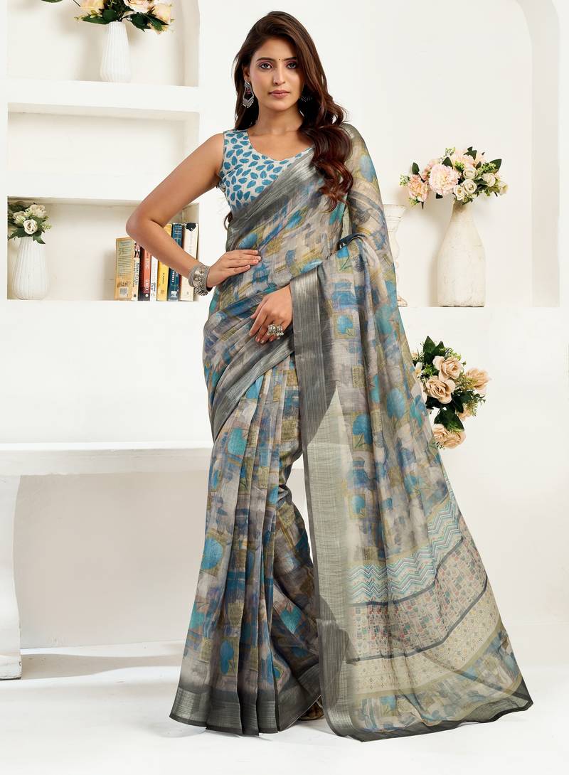 grey lilen print work designer party wear festive 1 minute ready to wear saree with unstitched blouse piece