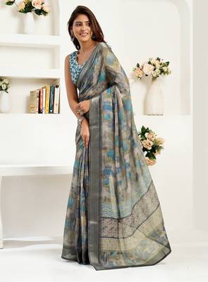 grey lilen print 1 minute ready to wear saree with unstitched blouse piece 3