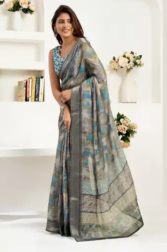 grey lilen print 1 minute ready to wear saree with unstitched blouse piece