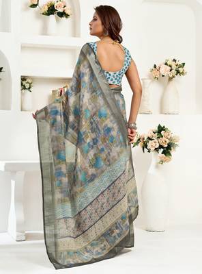 grey lilen print 1 minute ready to wear saree with unstitched blouse piece 4