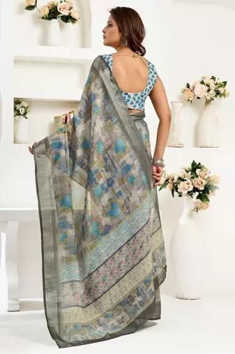 grey lilen print 1 minute ready to wear saree with unstitched blouse piece