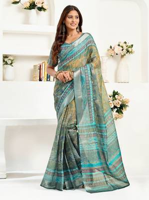 Multy lilen print 1 minute ready to wear saree with unstitched blouse piece 1