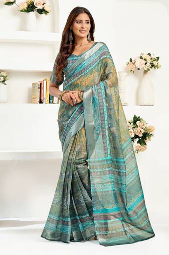 Multy lilen print work designer party wear festive 1 minute ready to wear saree with unstitched blouse piece