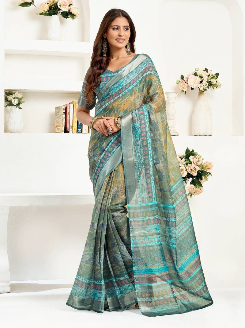 Multy lilen print work designer party wear festive 1 minute ready to wear saree with unstitched blouse piece