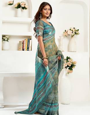 Multy lilen print 1 minute ready to wear saree with unstitched blouse piece 2