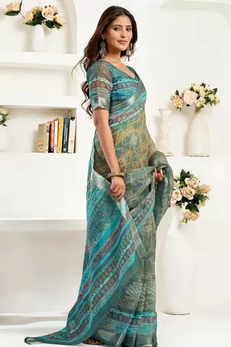 Multy lilen print 1 minute ready to wear saree with unstitched blouse piece