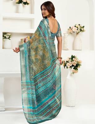 Multy lilen print 1 minute ready to wear saree with unstitched blouse piece 4