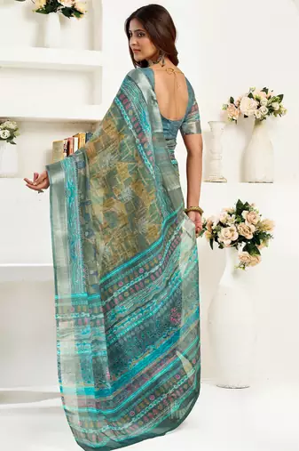 Multy lilen print 1 minute ready to wear saree with unstitched blouse piece