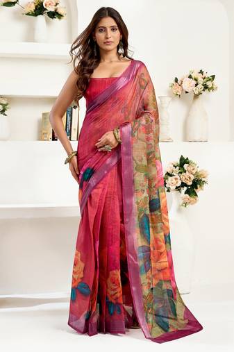rani pink lilen print work designer party wear festive 1 minute ready to wear saree with unstitched blouse piece