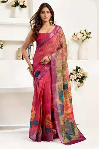 rani pink lilen print 1 minute ready to wear saree with unstitched blouse piece