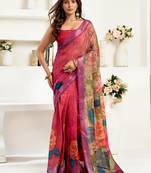 rani pink lilen print 1 minute ready to wear saree with unstitched blouse piece