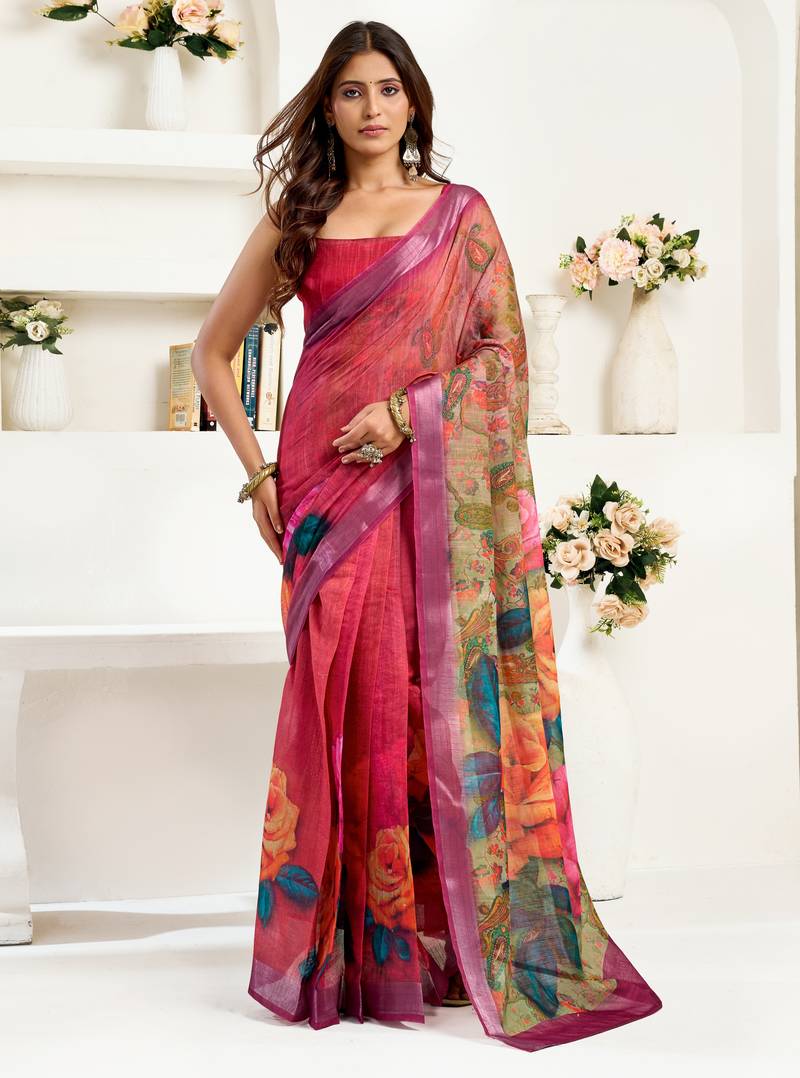 rani pink lilen print work designer party wear festive 1 minute ready to wear saree with unstitched blouse piece
