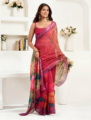 rani pink lilen print 1 minute ready to wear saree with unstitched blouse piece 3