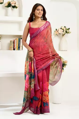 rani pink lilen print 1 minute ready to wear saree with unstitched blouse piece