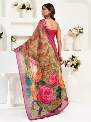 rani pink lilen print 1 minute ready to wear saree with unstitched blouse piece 4