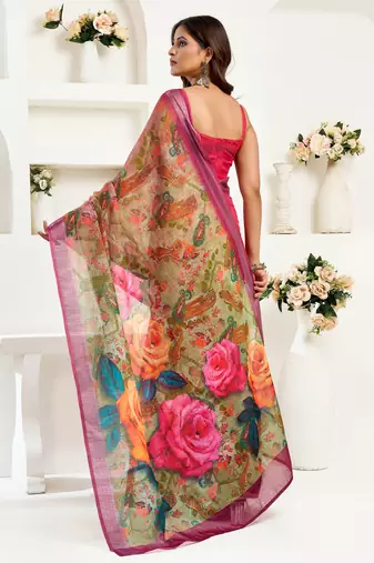 rani pink lilen print 1 minute ready to wear saree with unstitched blouse piece