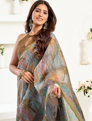 mehendi grey lilen print 1 minute ready to wear saree with unstitched blouse piece 2