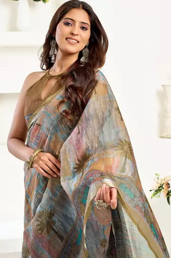 mehendi grey lilen print 1 minute ready to wear saree with unstitched blouse piece