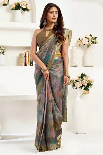 mehendi grey lilen print 1 minute ready to wear saree with unstitched blouse piece