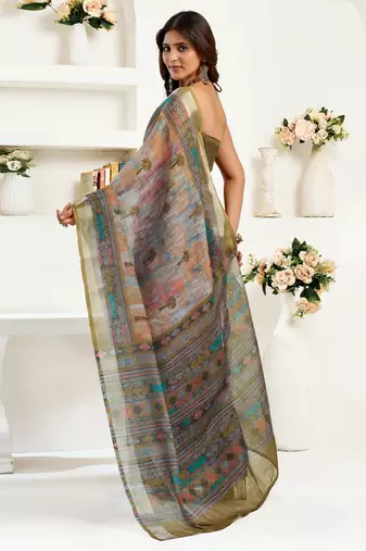 mehendi grey lilen print 1 minute ready to wear saree with unstitched blouse piece