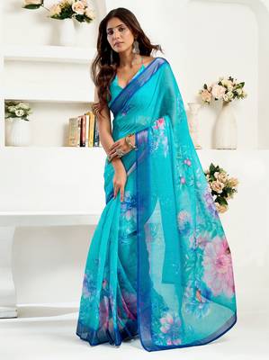 sky blue lilen print 1 minute ready to wear saree with unstitched blouse piece 3