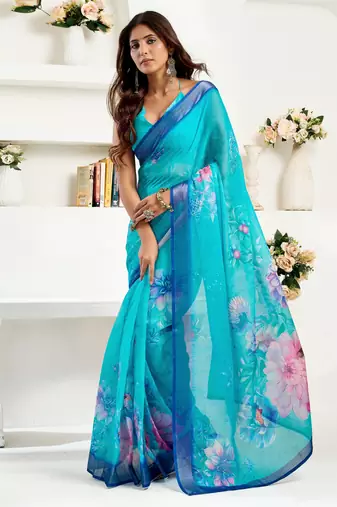 sky blue lilen print 1 minute ready to wear saree with unstitched blouse piece