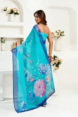 sky blue lilen print 1 minute ready to wear saree with unstitched blouse piece 4