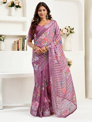 purple lilen print 1 minute ready to wear saree with unstitched blouse piece 1