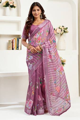 purple lilen print work designer party wear festive 1 minute ready to wear saree with unstitched blouse piece