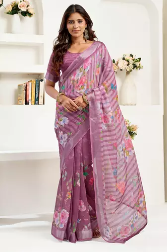 purple lilen print work designer party wear festive 1 minute ready to wear saree with unstitched blouse piece