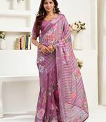purple lilen print 1 minute ready to wear saree with unstitched blouse piece